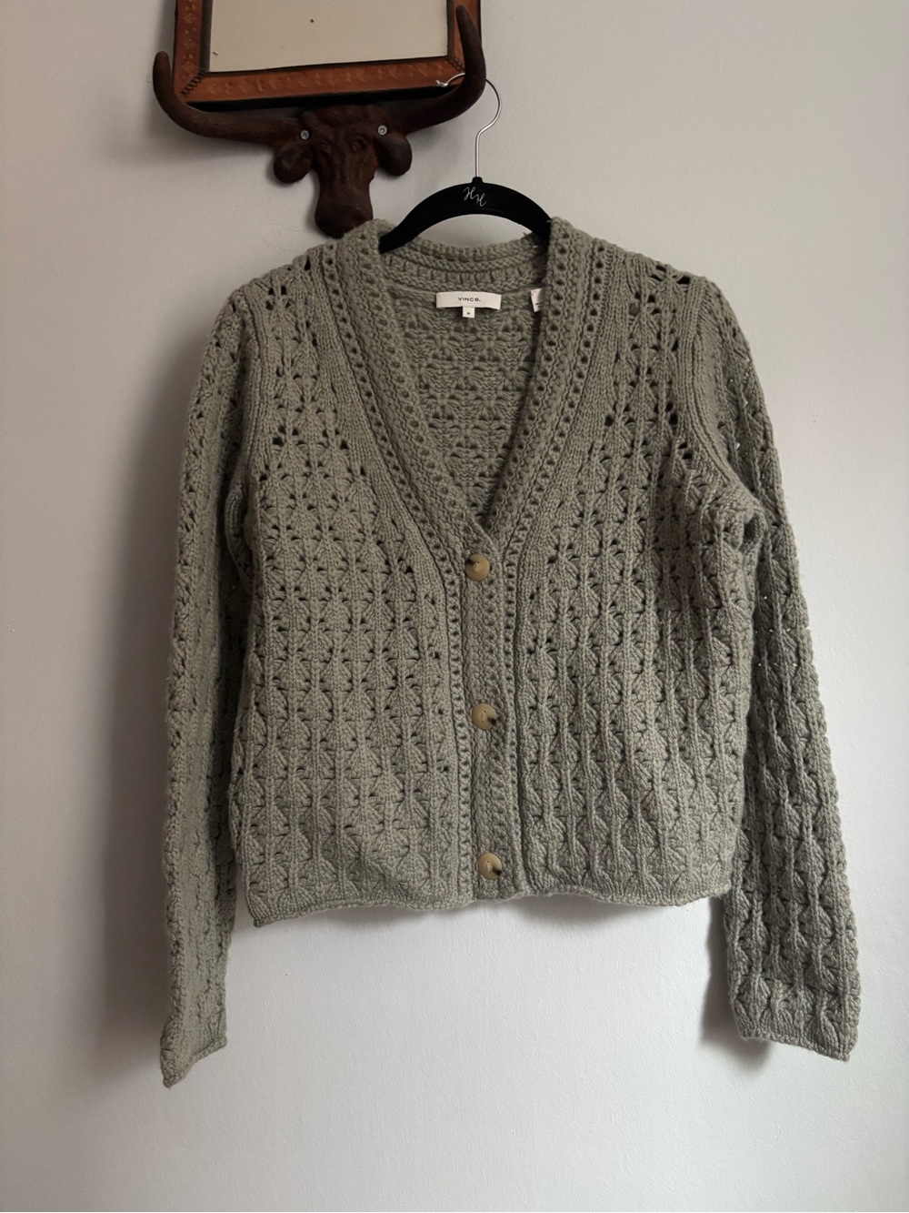 Vince Olive Crochet Openwork Button-Front Cardigan